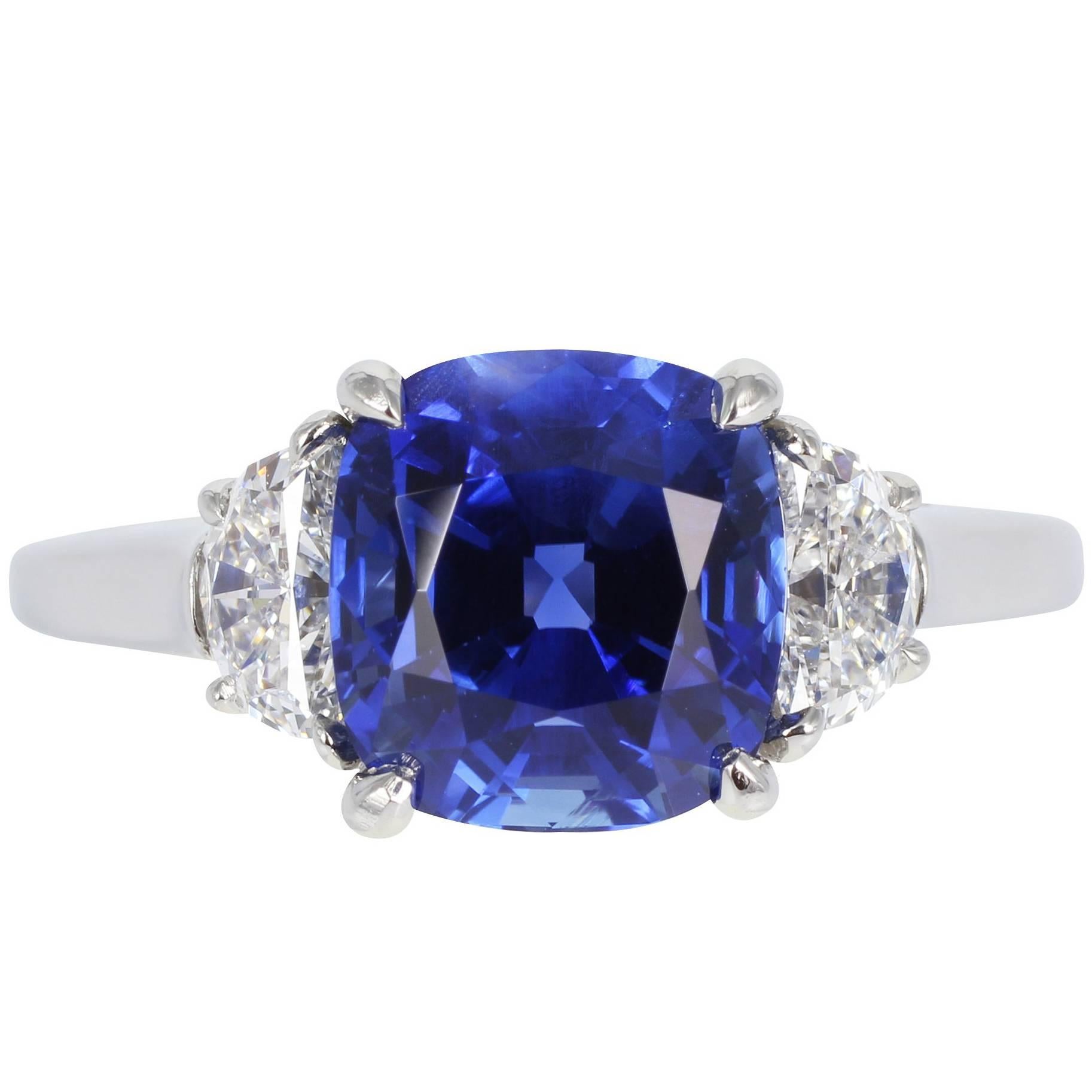 4.13 Carat Sapphire and Diamond Three-Stone Ring For Sale