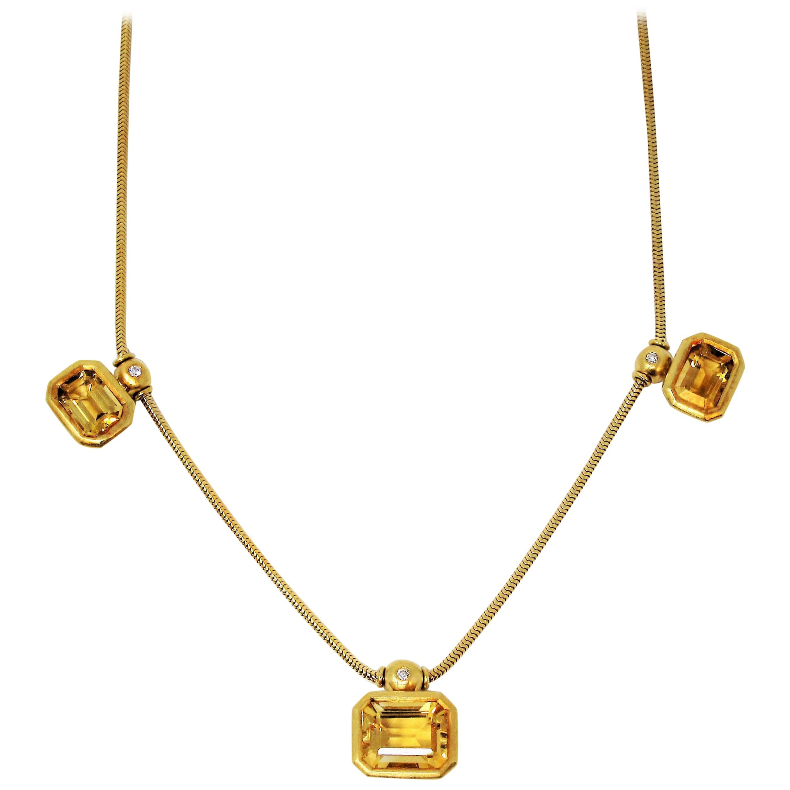 Emerald Cut Citrine and Diamond Three Station Snake Chain Necklace 18 Karat Gold For Sale