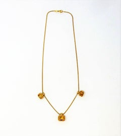 Emerald Cut Citrine and Diamond Three Station Snake Chain Necklace 18 Karat Gold