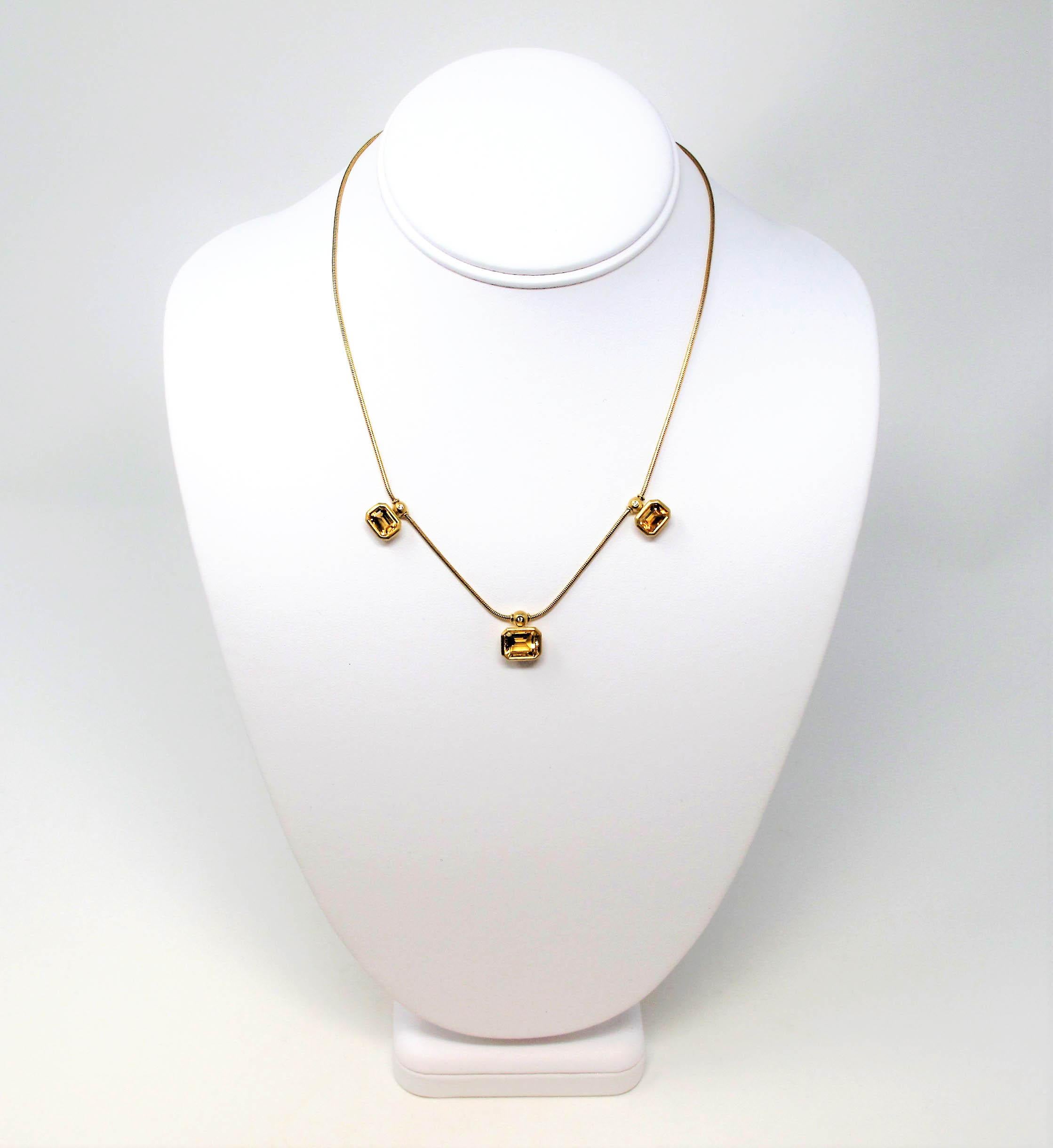 Contemporary Emerald Cut Citrine and Diamond Three Station Snake Chain Necklace 18 Karat Gold For Sale