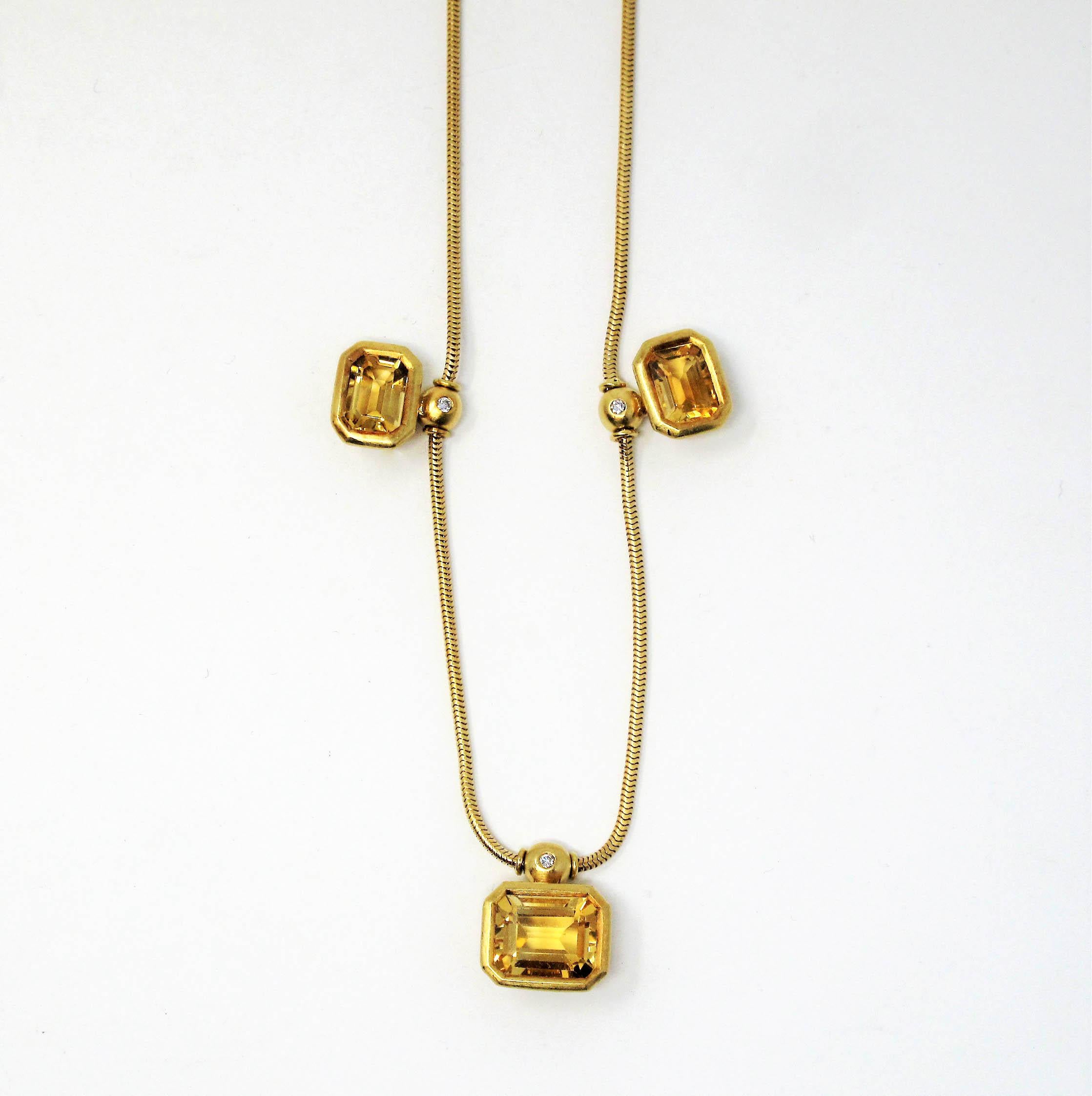 Emerald Cut Citrine and Diamond Three Station Snake Chain Necklace 18 Karat Gold In Good Condition For Sale In Scottsdale, AZ
