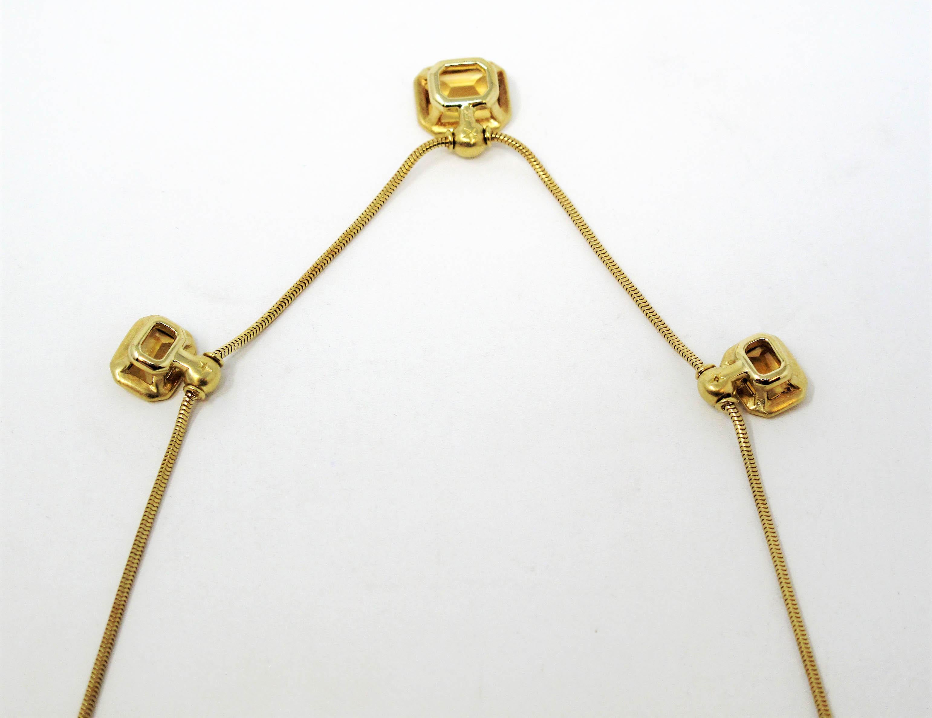 Emerald Cut Citrine and Diamond Three Station Snake Chain Necklace 18 Karat Gold For Sale 4