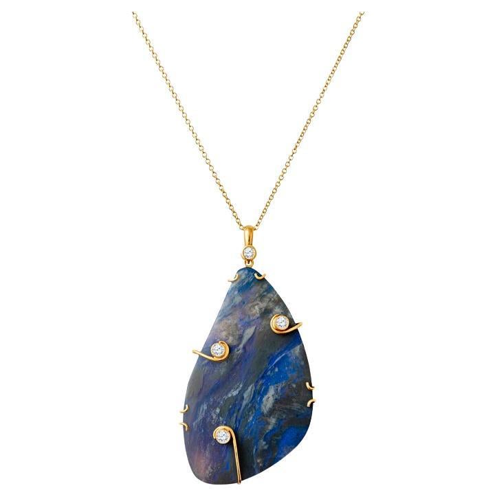 41.30 Carat Boulder Opal & Bezel Set Diamond Pendant 18k Yellow Gold Necklace