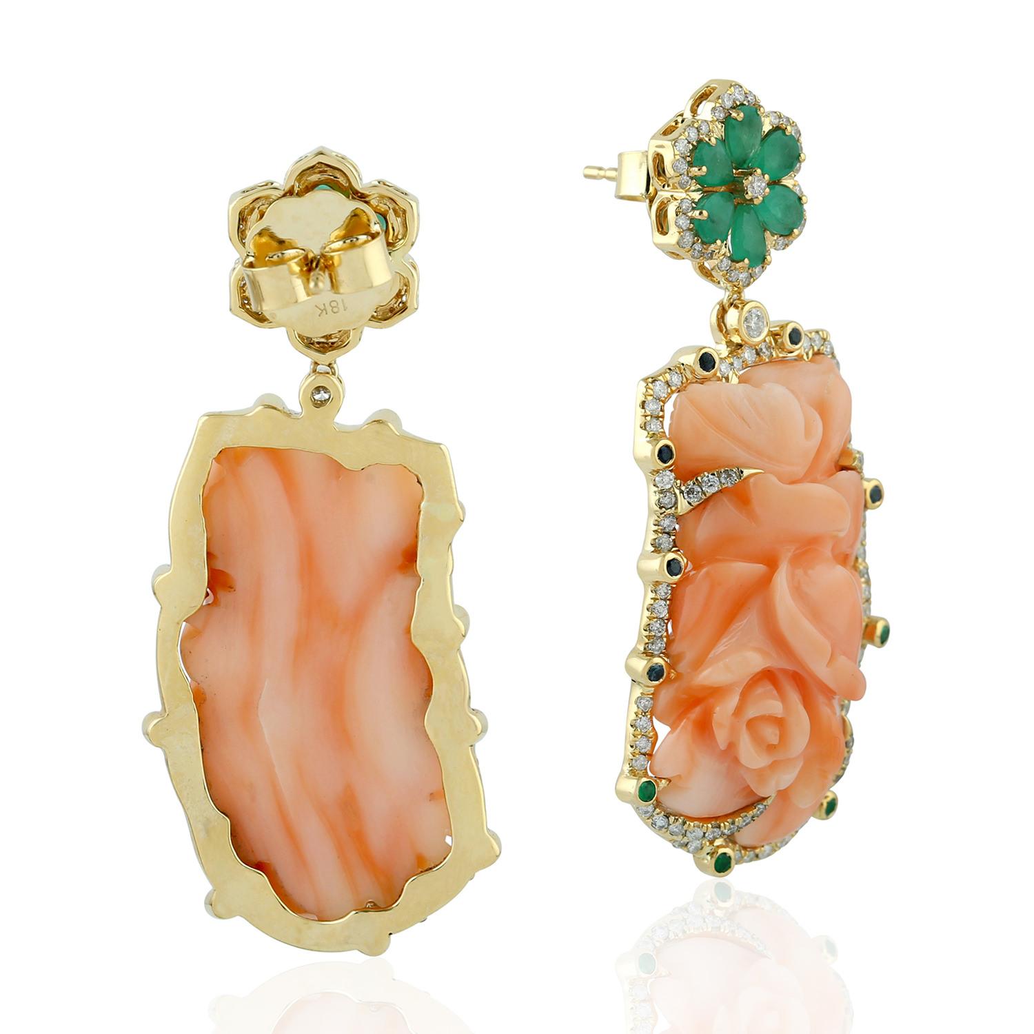 Artisan 41.31 Carat Carved Coral Emerald 18 Karat Gold Diamond Earrings For Sale