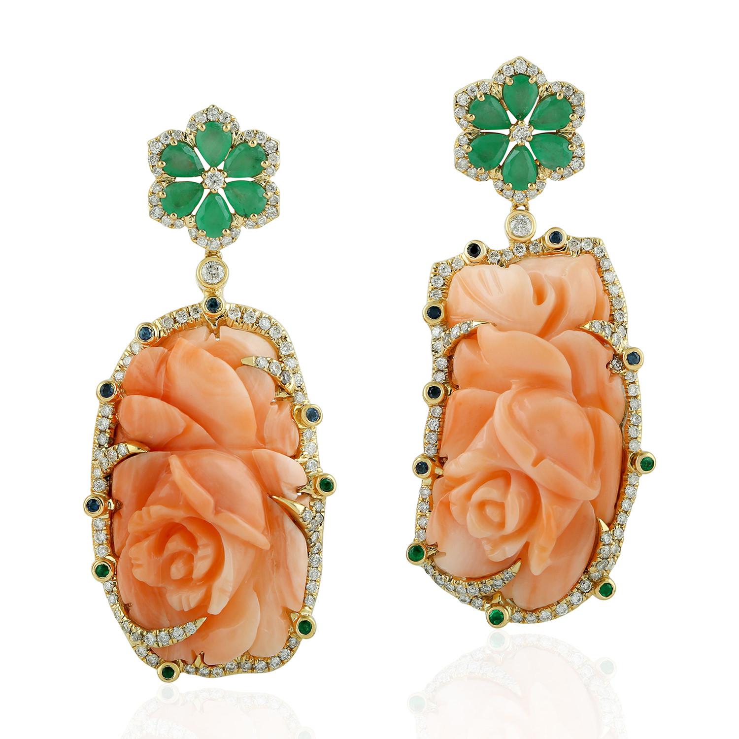 Mixed Cut 41.31 Carat Carved Coral Emerald 18 Karat Gold Diamond Earrings For Sale