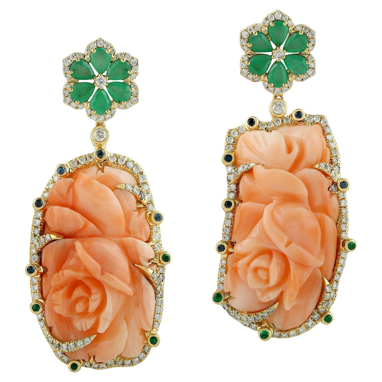 41.31 Carat Carved Coral Emerald 18 Karat Gold Diamond Earrings For Sale