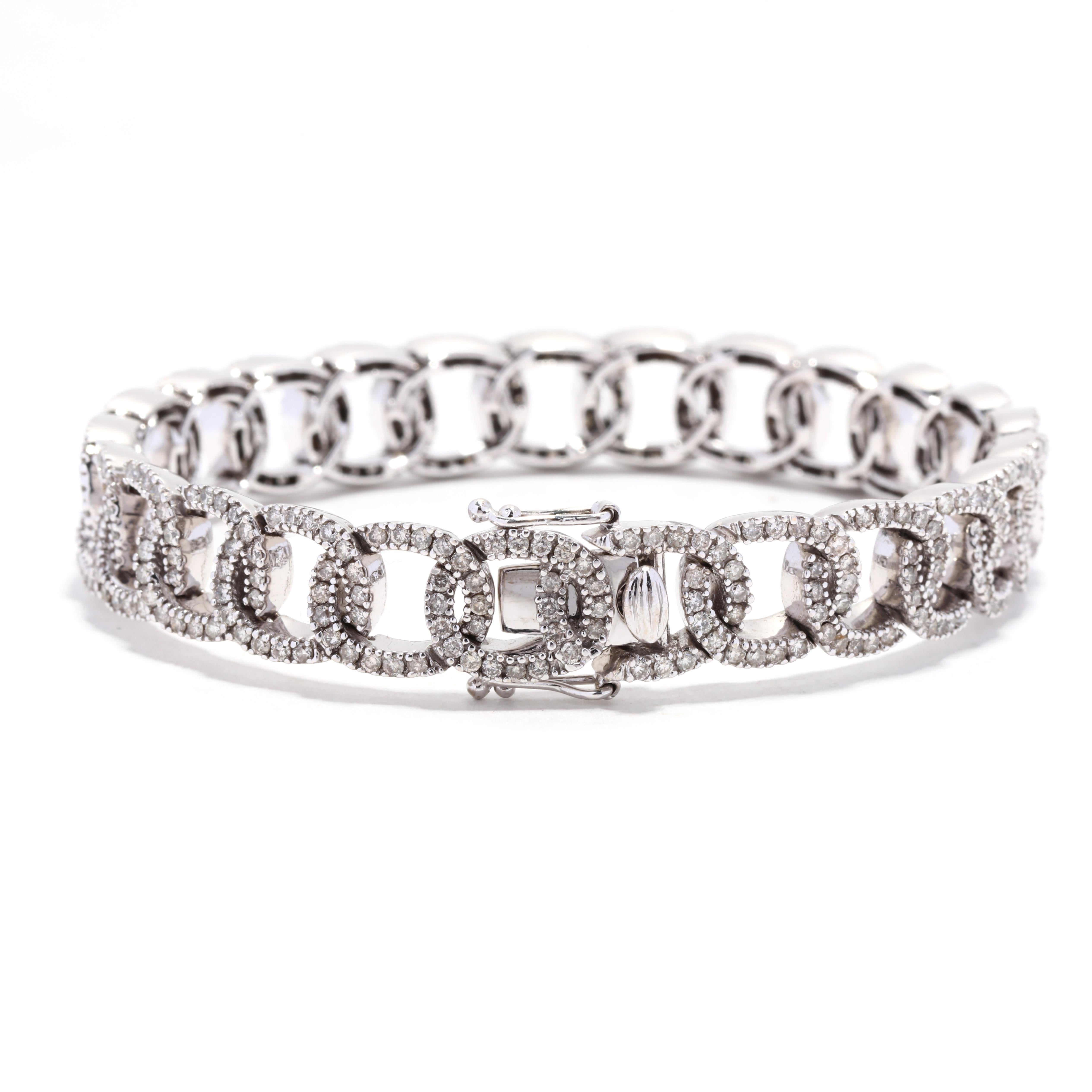 Taille ronde Bracelet à maillons fantaisie en or blanc 14 carats avec diamants 4,13 carats, longueur 7 pouces, déclaration en vente