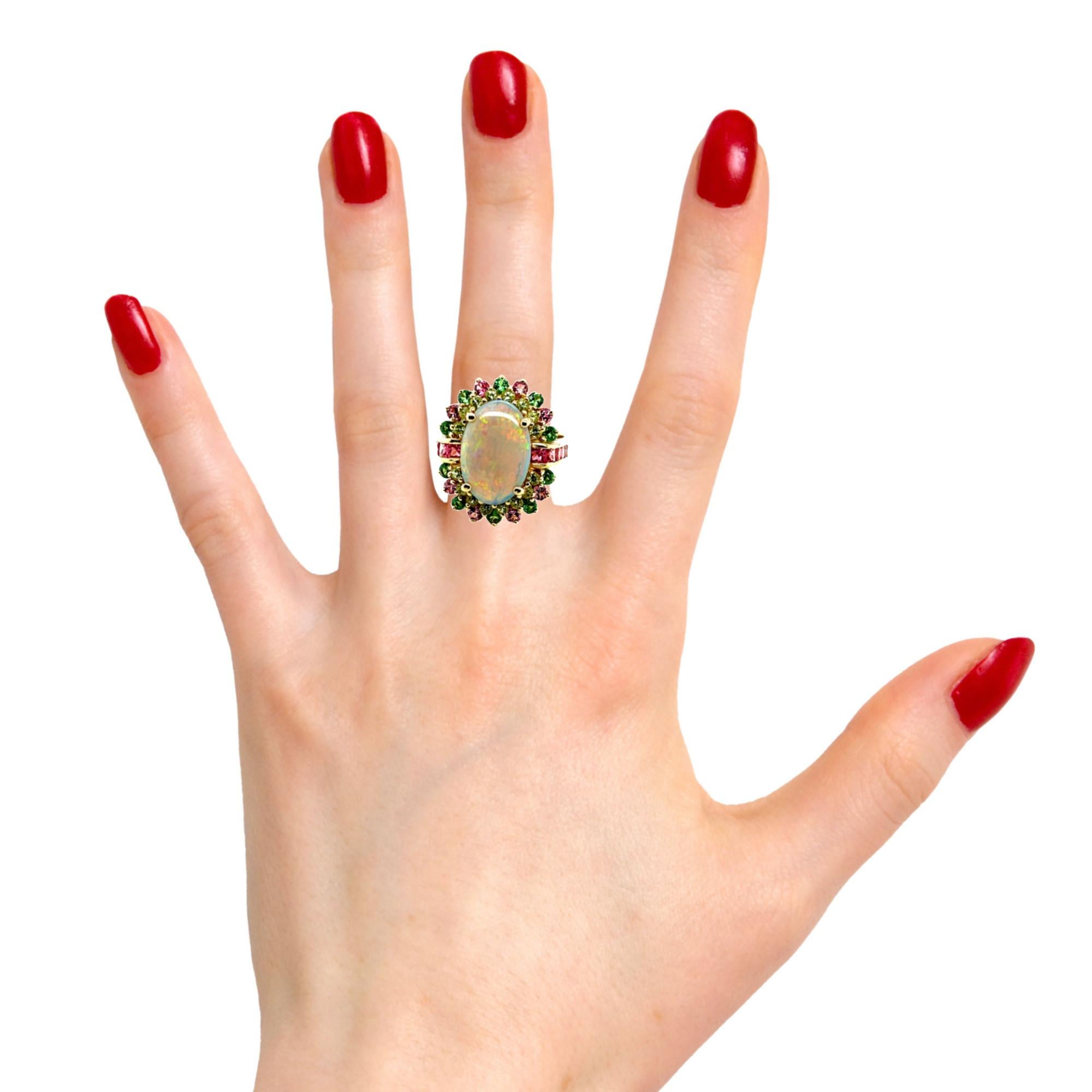 4.14 Carat Crystal Opal, Peridot, Pink Spinel, and Tsavorite Cocktail Ring In New Condition For Sale In Los Angeles, CA