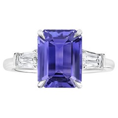 4.14 Carat Emerald Cut Purple Sapphireand Diamond Platinum Ring