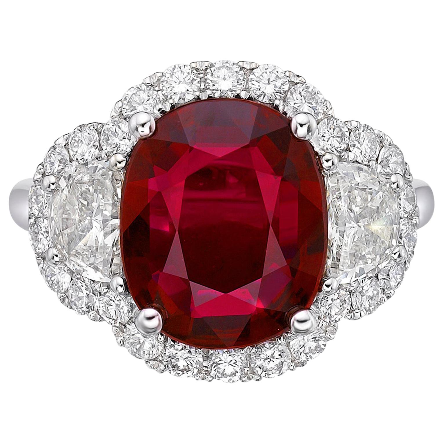 4.14 Carat Vivid Red Ruby GRS Certified Diamond Ring Oval Cut 