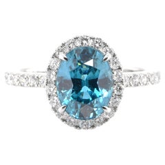 4.14 Carat Natural Blue Zircon and Diamond Ring Set in Platinum