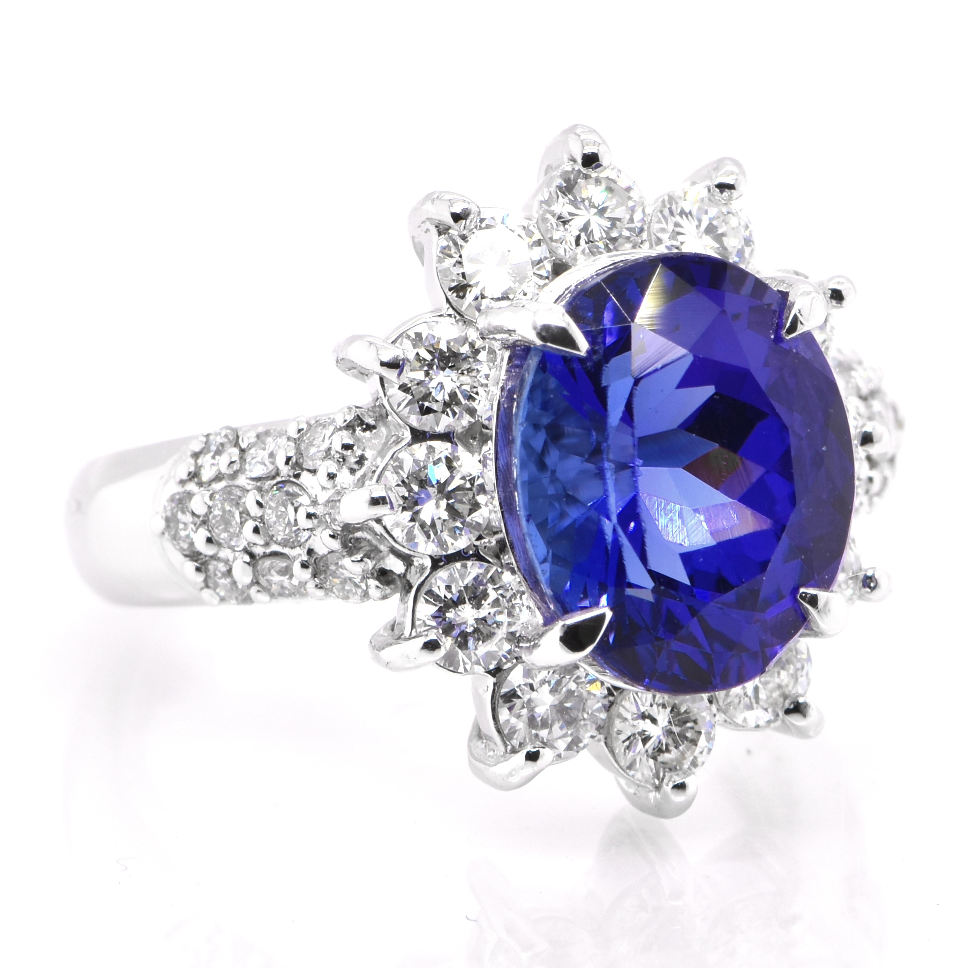 Modern 4.14 Carat Natural Oval-Cut Tanzanite and Diamond Cocktail Ring Set in Platinum For Sale