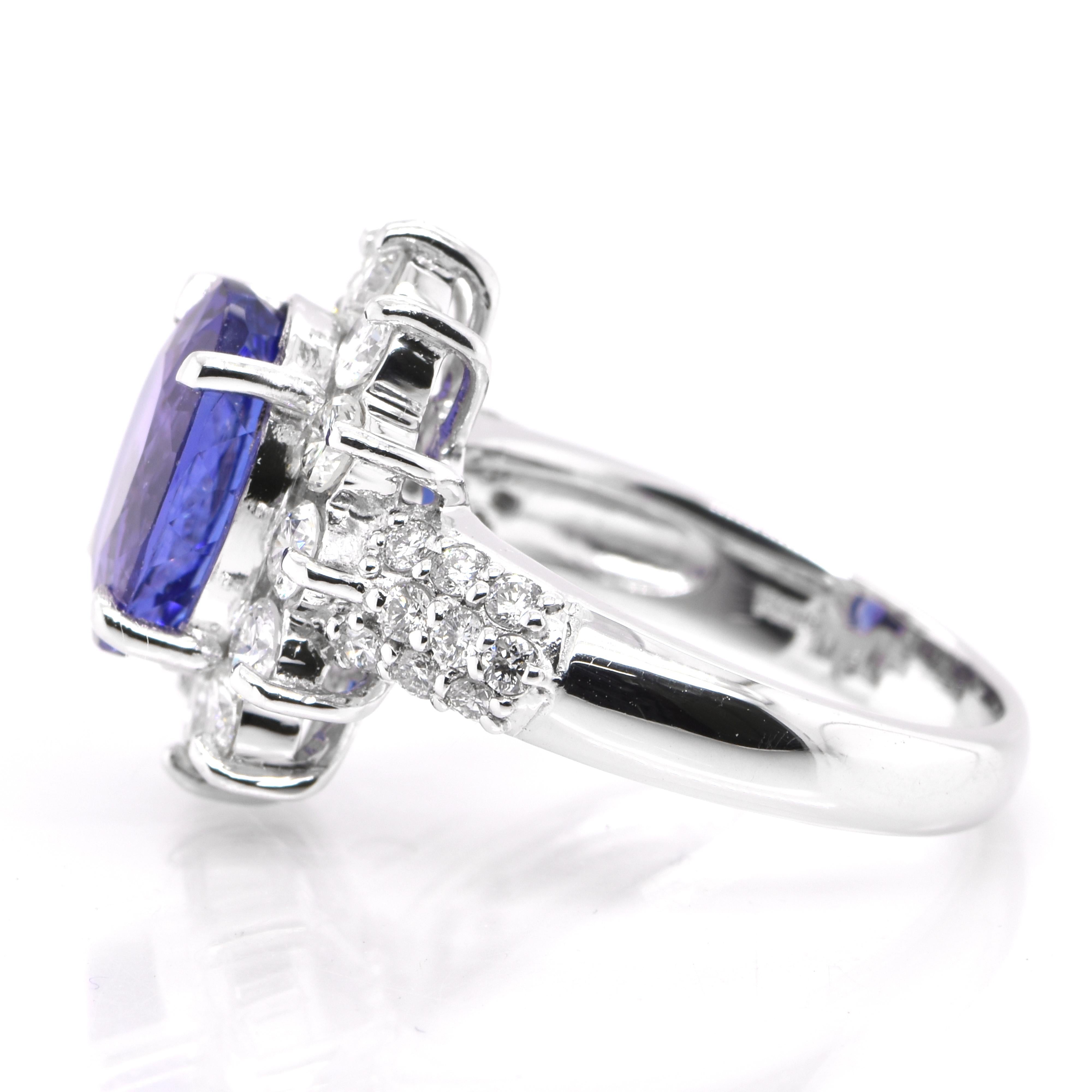 Oval Cut 4.14 Carat Natural Oval-Cut Tanzanite and Diamond Cocktail Ring Set in Platinum For Sale