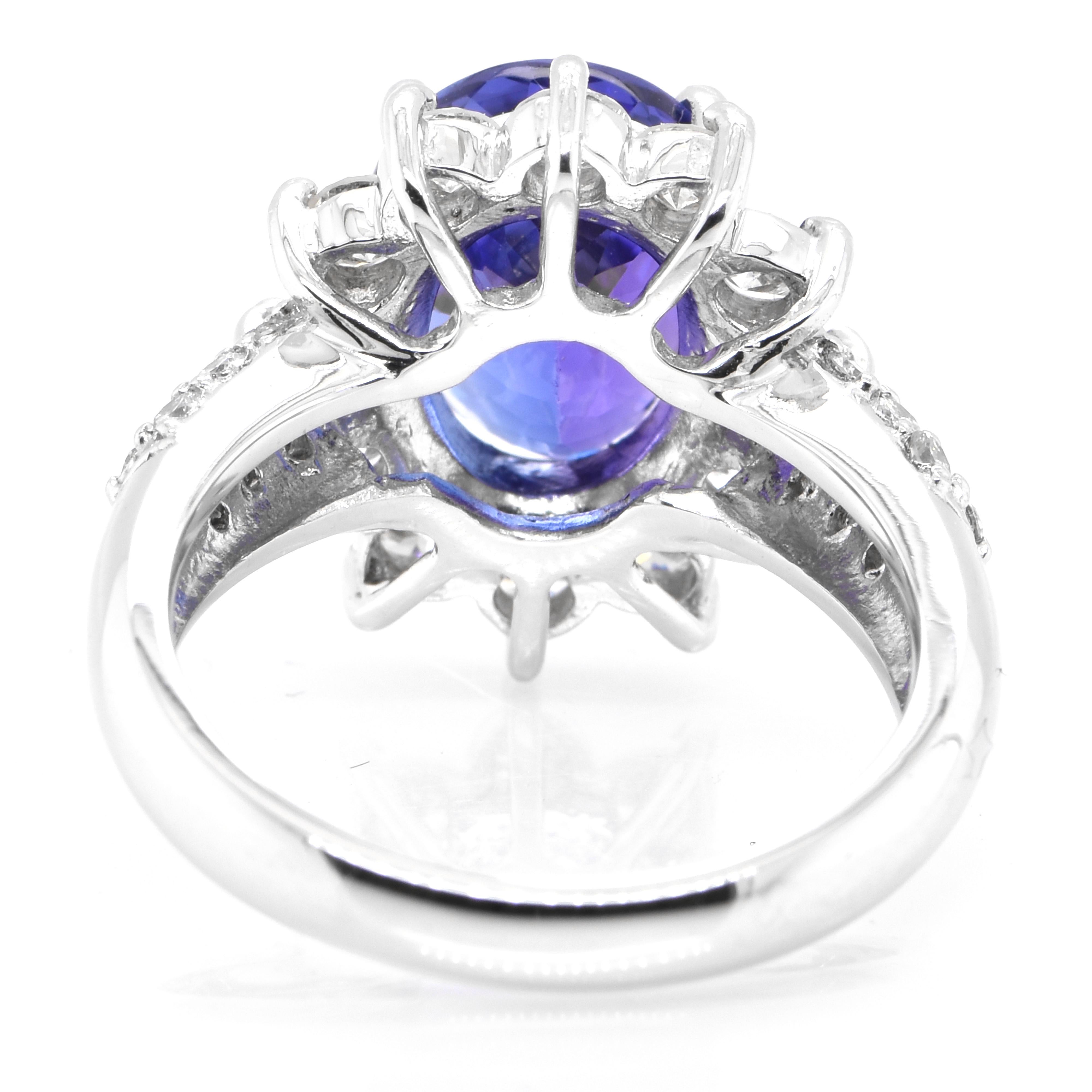Women's 4.14 Carat Natural Oval-Cut Tanzanite and Diamond Cocktail Ring Set in Platinum For Sale