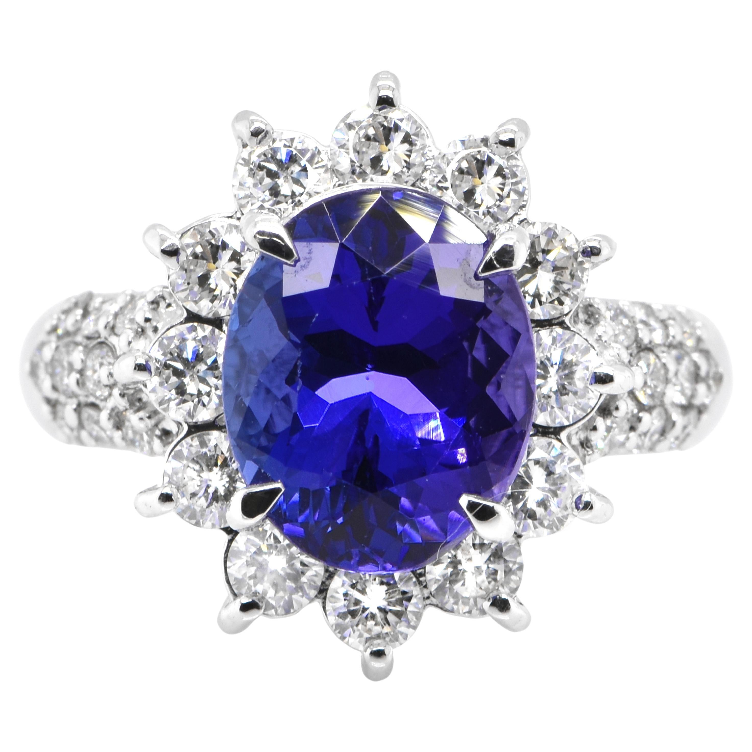 4.14 Carat Natural Oval-Cut Tanzanite and Diamond Cocktail Ring Set in Platinum For Sale