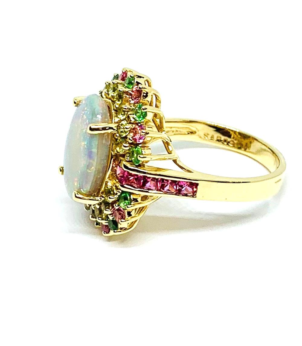 Artisan 4.14 Carat Crystal Opal, Peridot, Pink Spinel, and Tsavorite Cocktail Ring  For Sale