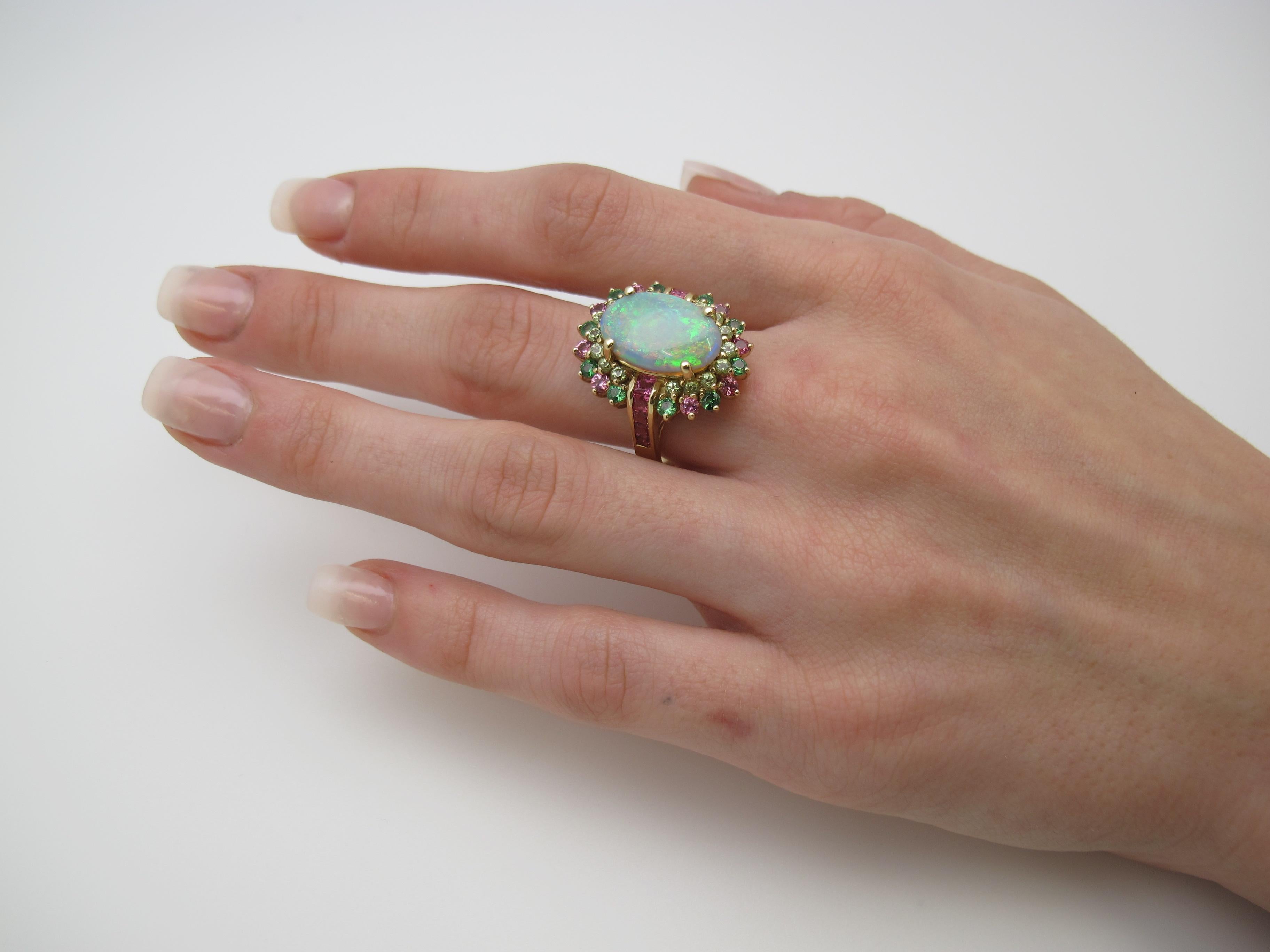 Cabochon 4.14 Carat Crystal Opal, Peridot, Pink Spinel, and Tsavorite Cocktail Ring For Sale