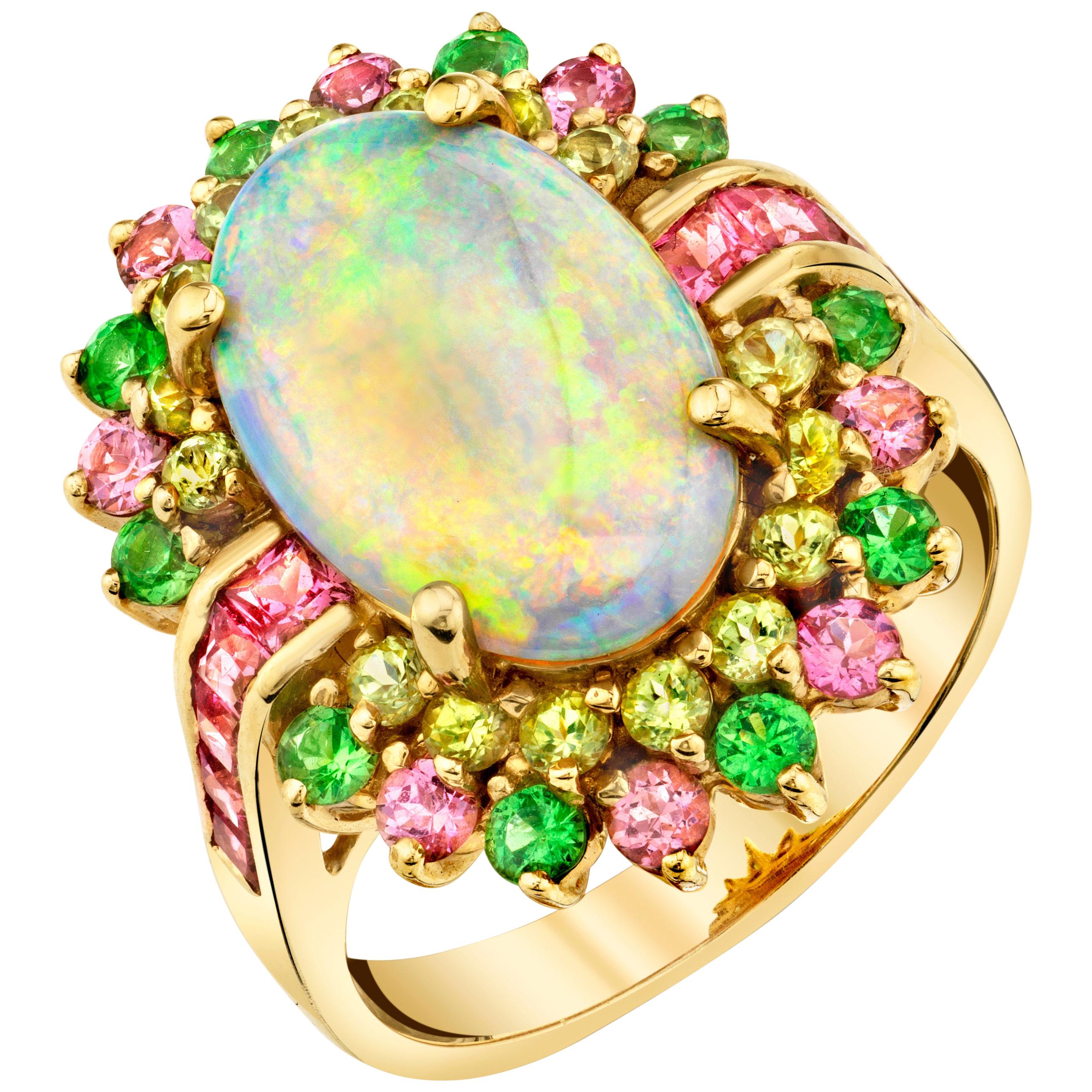 4.14 ct. Crystal Opal, Peridot, Pink Spinel, Tsavorite 14k Gold Cocktail Ring