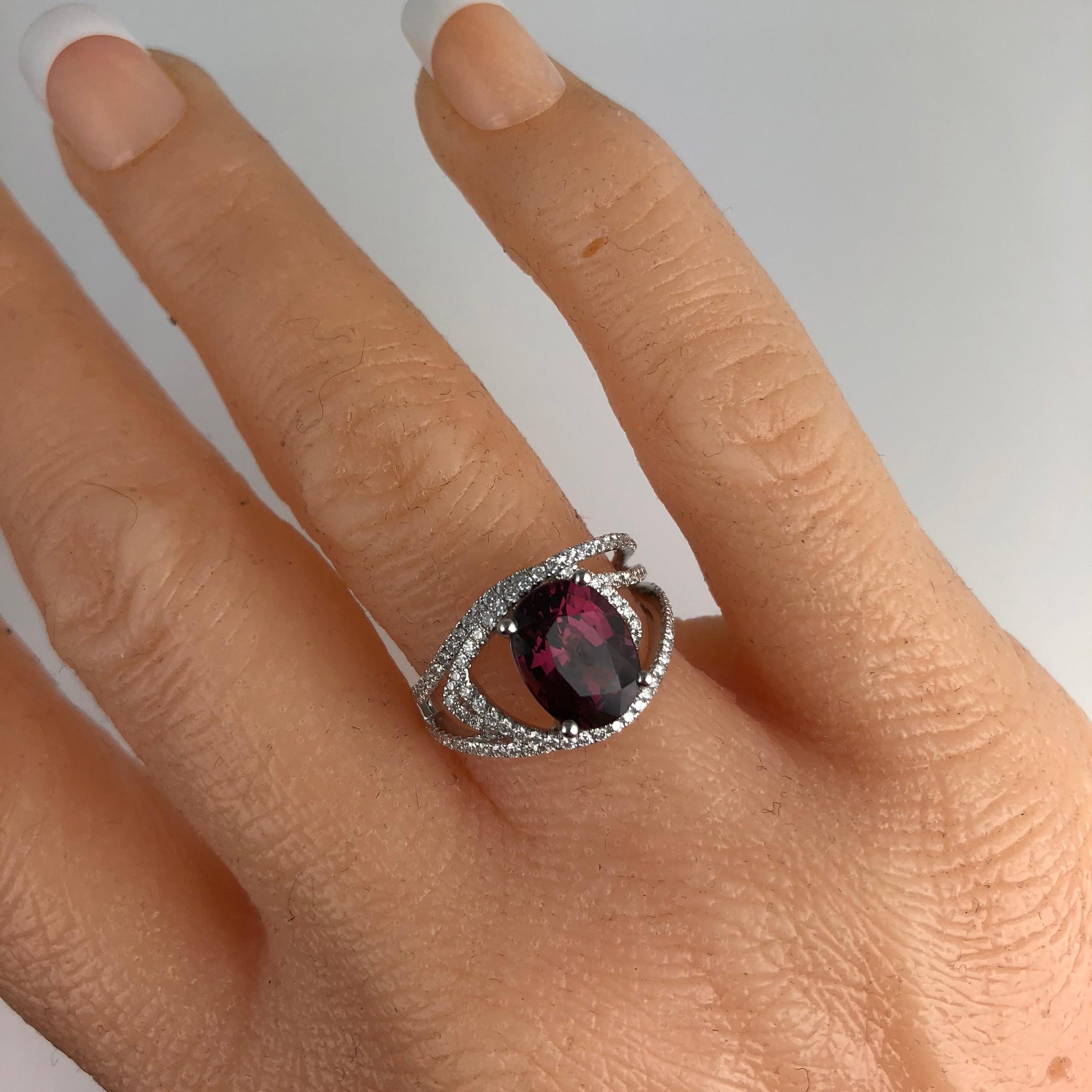 Contemporary DiamondTown 4.14 Carat Oval Cut Raspberry Garnet Fashion Ring For Sale