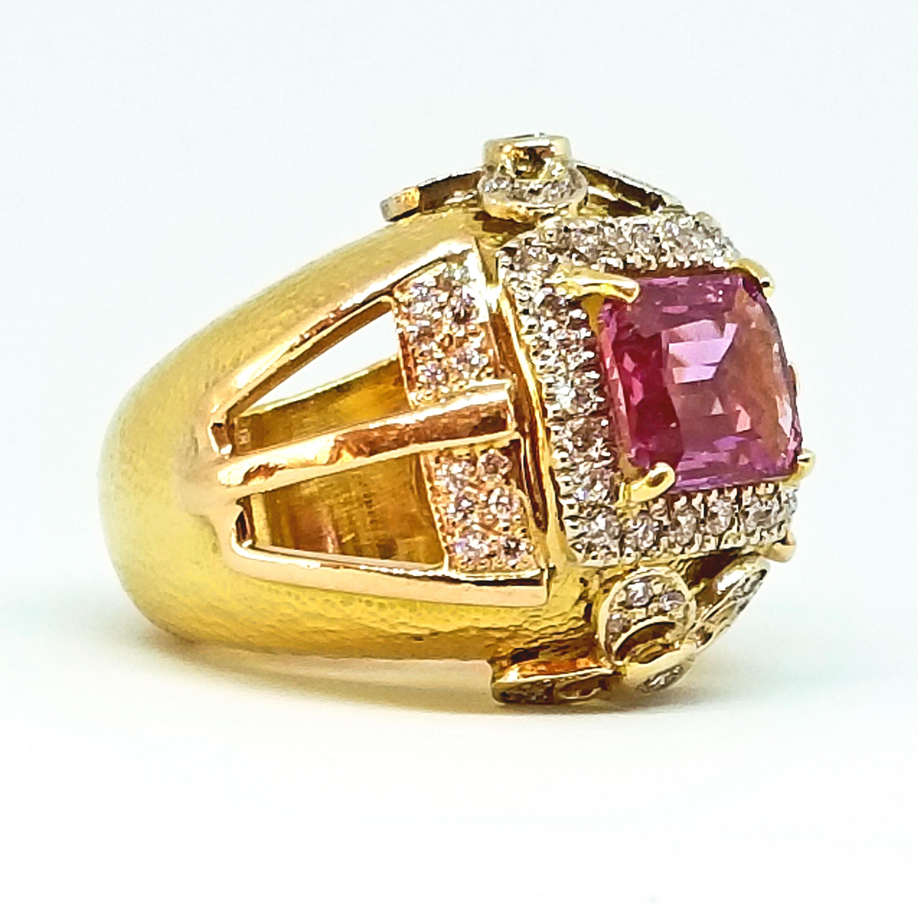 Emerald Cut 4.14 Carat Purple Pink Sapphire Diamond Large Dome Style Statement Ring 18 Karat For Sale