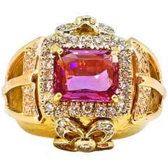 4,14 carati di zaffiro rosa viola, diamante, grande anello a forma di cupola 18 carati