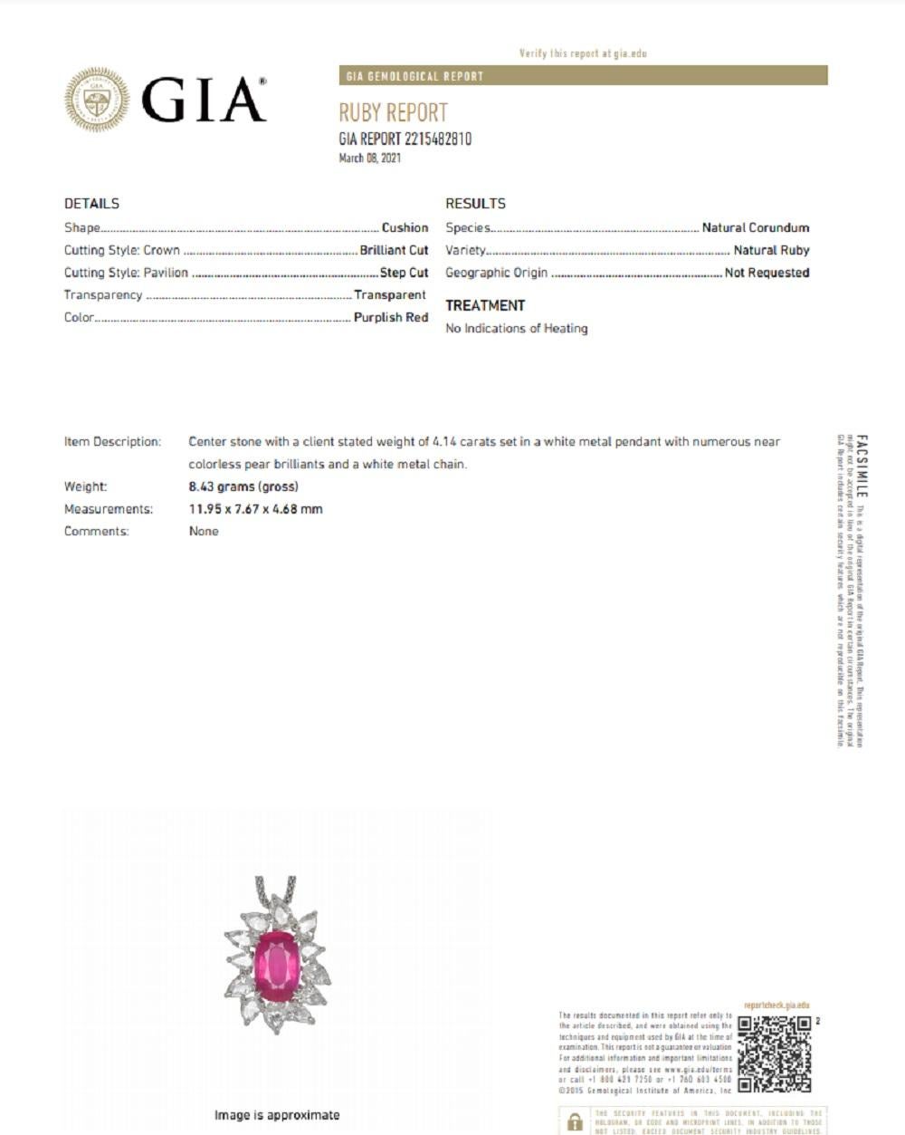 Pendentif en or avec diamants et rubis non chauffé de 4,14 carats, certifié GIA en vente 2