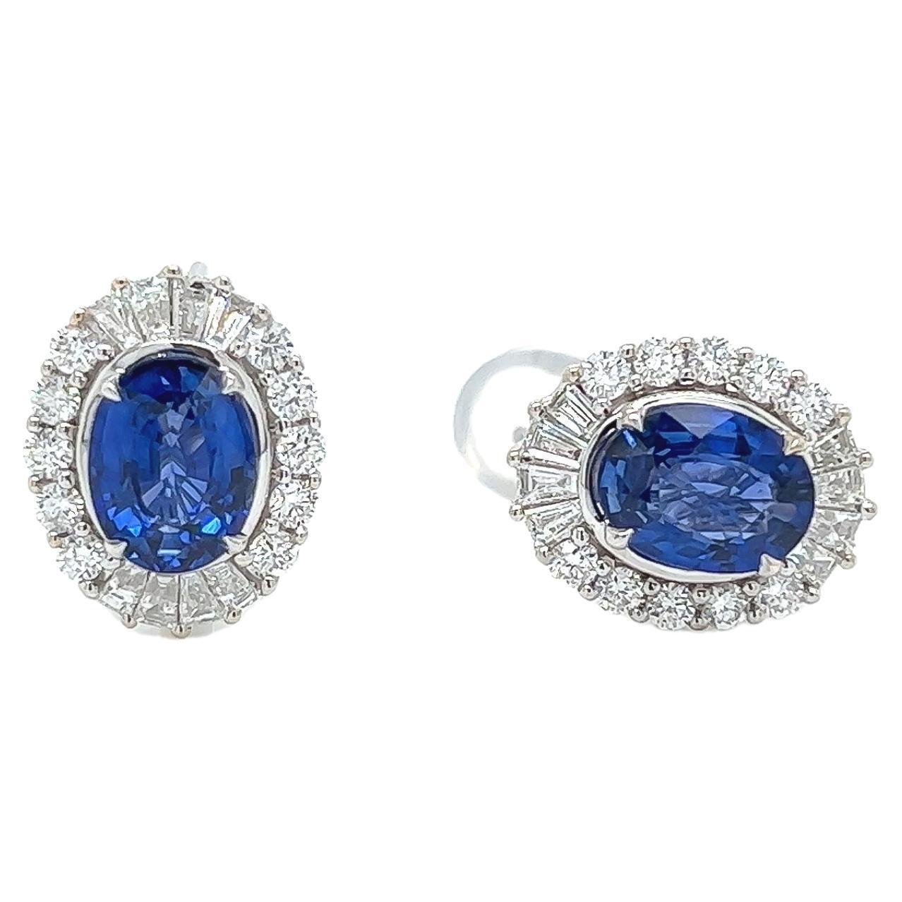 4.14 Total Carat Sapphire and Diamond Earrings in 14K White Gold For Sale