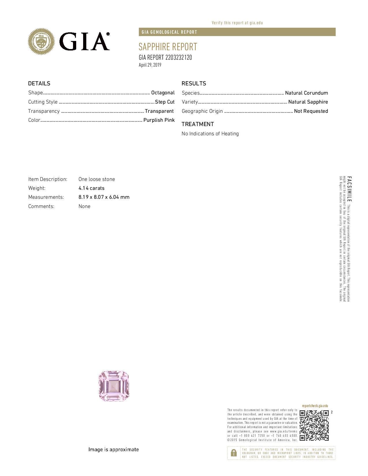 4.14ct Natural Asscher Cut Purple-Pink Sapphire Ring, 14kt White Gold Ring, GIA For Sale 4