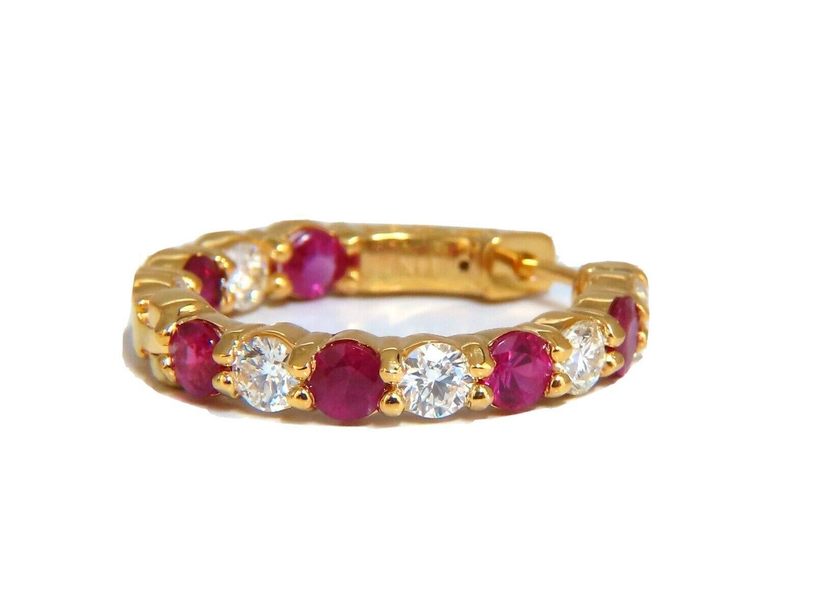 Round Cut 4.14ct Natural Ruby Diamonds Hoop Earrings 14kt Yellow Gold Inside Out For Sale