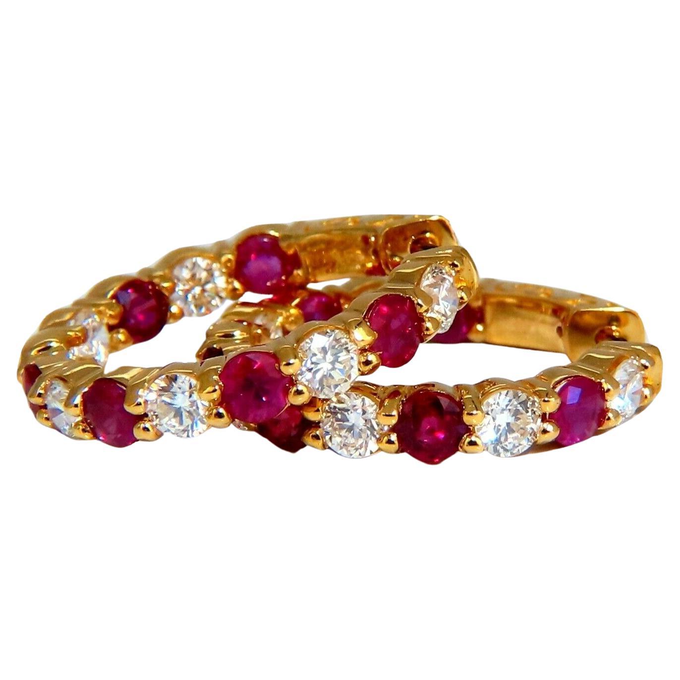 Créoles en or jaune 14 carats avec diamants et rubis naturel de 4,14 carats, intérieur et extérieur