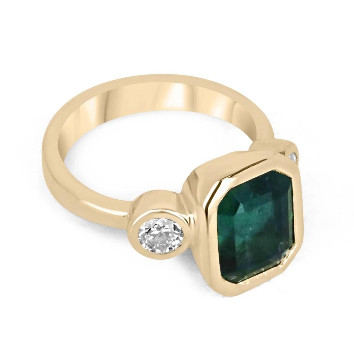 This breathtaking three-stone engagement ring boasts a stunning 3.59-carat emerald-cut emerald as its centerpiece, positioned vertically in a north-to-south orientation. The emerald showcases a deep alpine green color with unique characteristics