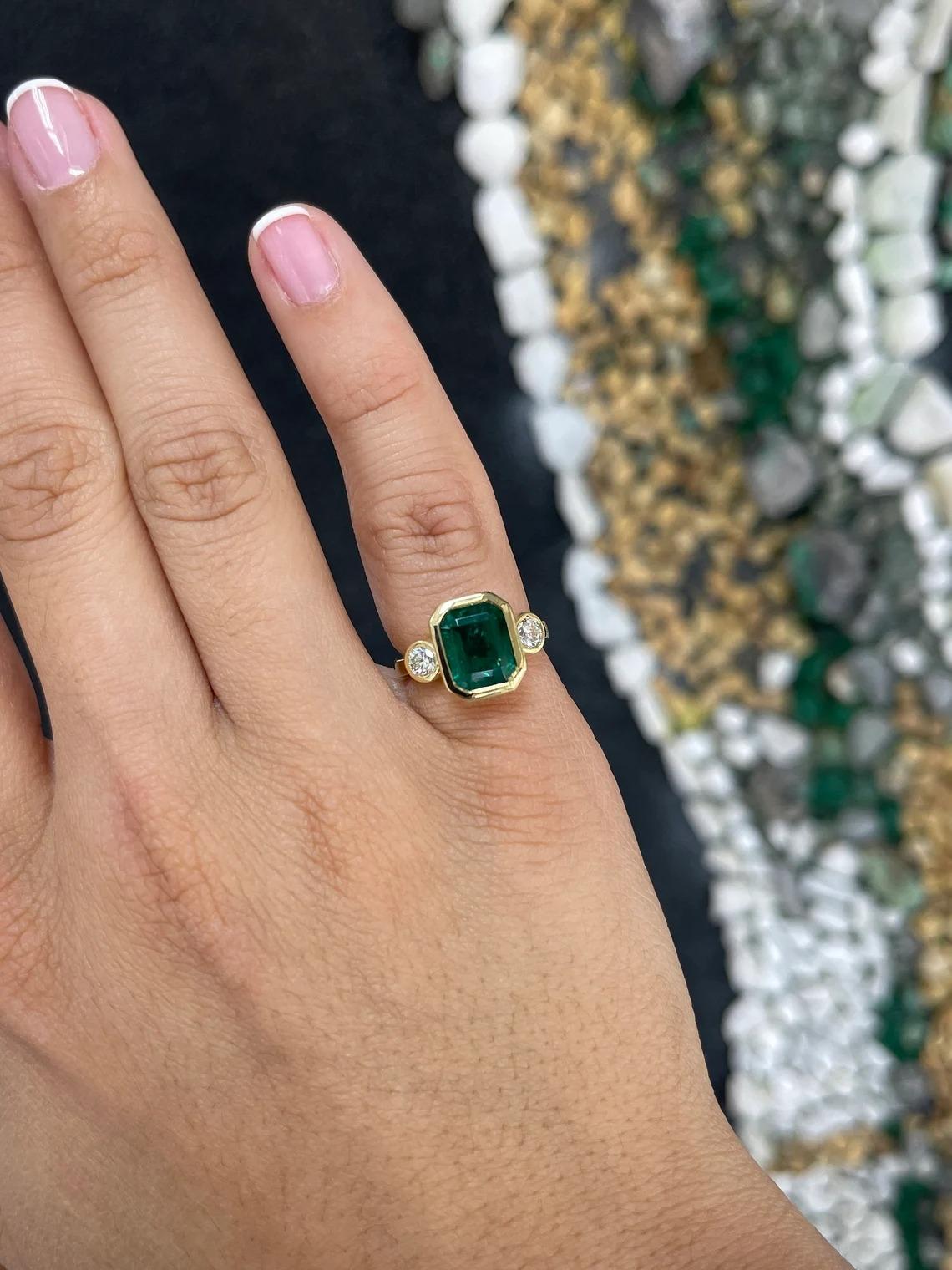 4.14tcw 18K Deep Alpine Green Emerald Cut Emerald & Round Diamond 3Stone Ring In New Condition For Sale In Jupiter, FL