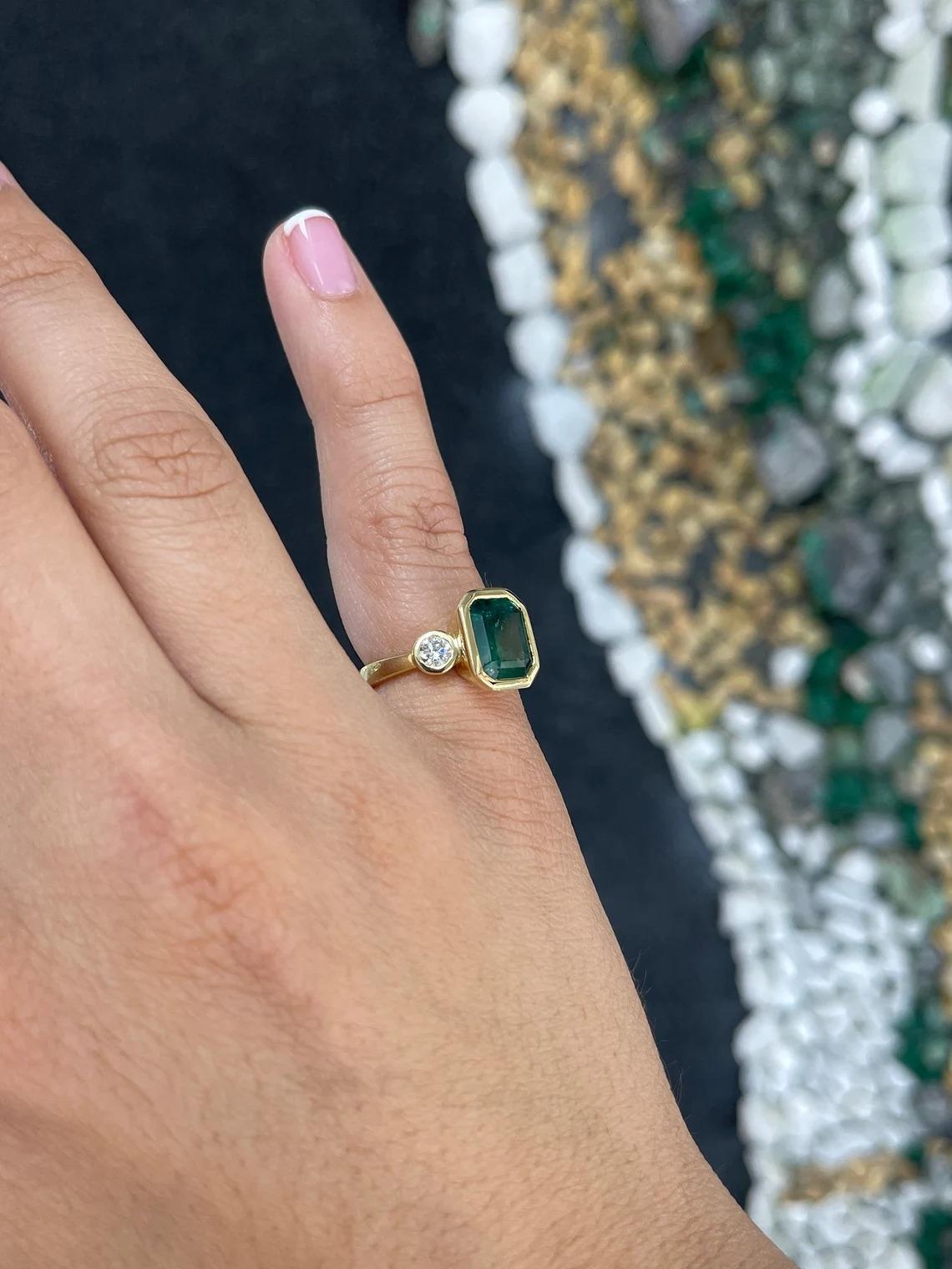 Women's 4.14tcw 18K Deep Alpine Green Emerald Cut Emerald & Round Diamond 3Stone Ring For Sale
