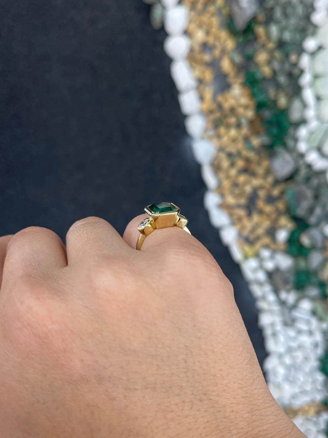 4.14tcw 18K Deep Alpine Green Emerald Cut Emerald & Round Diamond 3Stone Ring For Sale 1