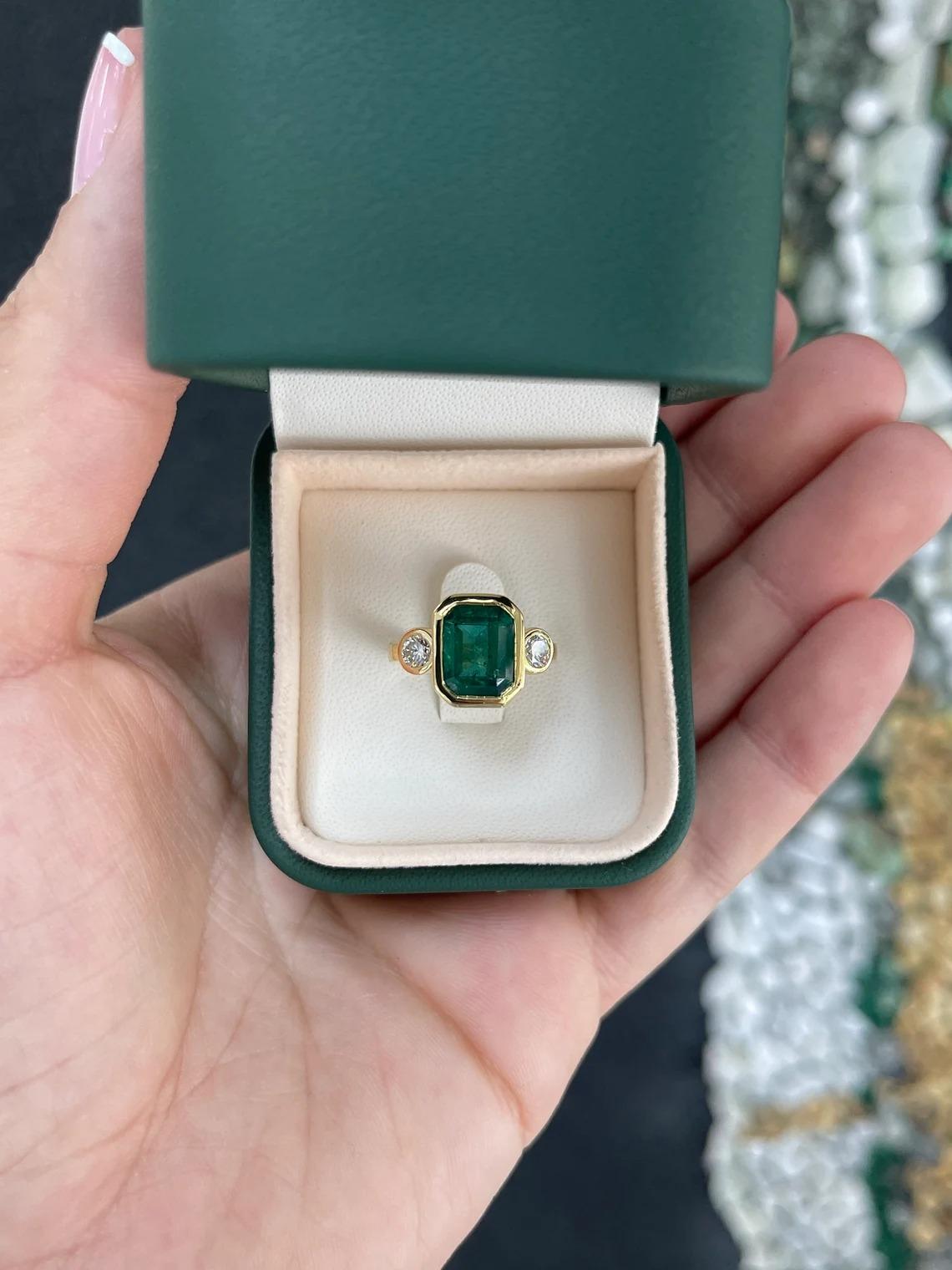 4.14tcw 18K Deep Alpine Green Emerald Cut Emerald & Round Diamond 3Stone Ring For Sale 2