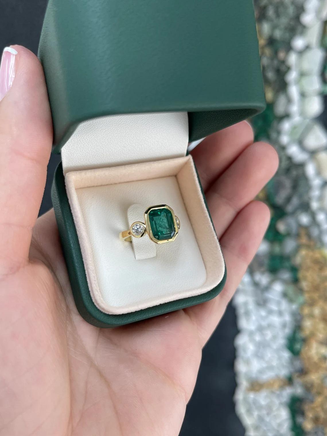 4.14tcw 18K Deep Alpine Green Emerald Cut Emerald & Round Diamond 3Stone Ring For Sale 3