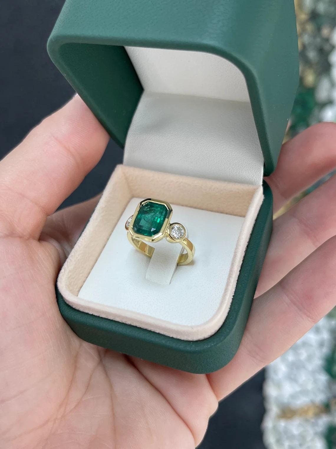 4.14tcw 18K Deep Alpine Green Emerald Cut Emerald & Round Diamond 3Stone Ring For Sale 4