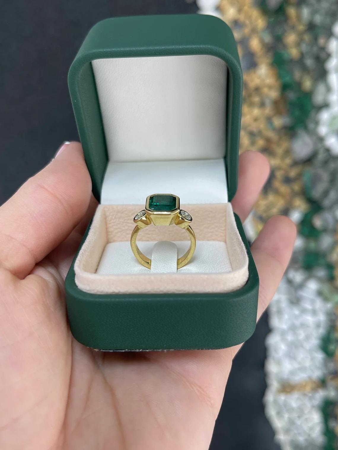 4.14tcw 18K Deep Alpine Green Emerald Cut Emerald & Round Diamond 3Stone Ring For Sale 5