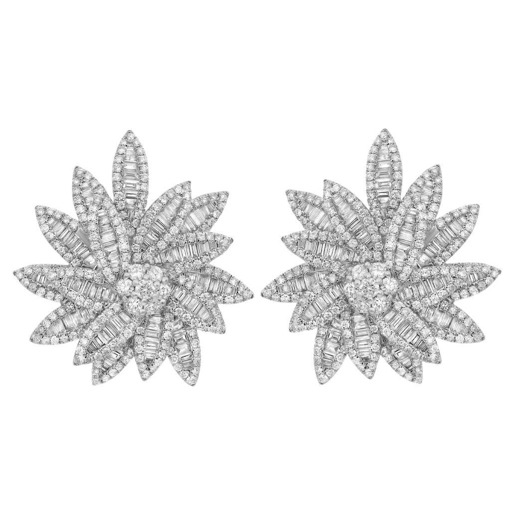 4.15 Carat Baguette and Round Cut Diamond Flower Earrings 18K White Gold 
