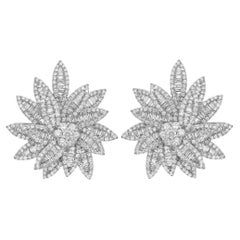 4.15 Carat Baguette and Round Cut Diamond Flower Earrings 18K White Gold 