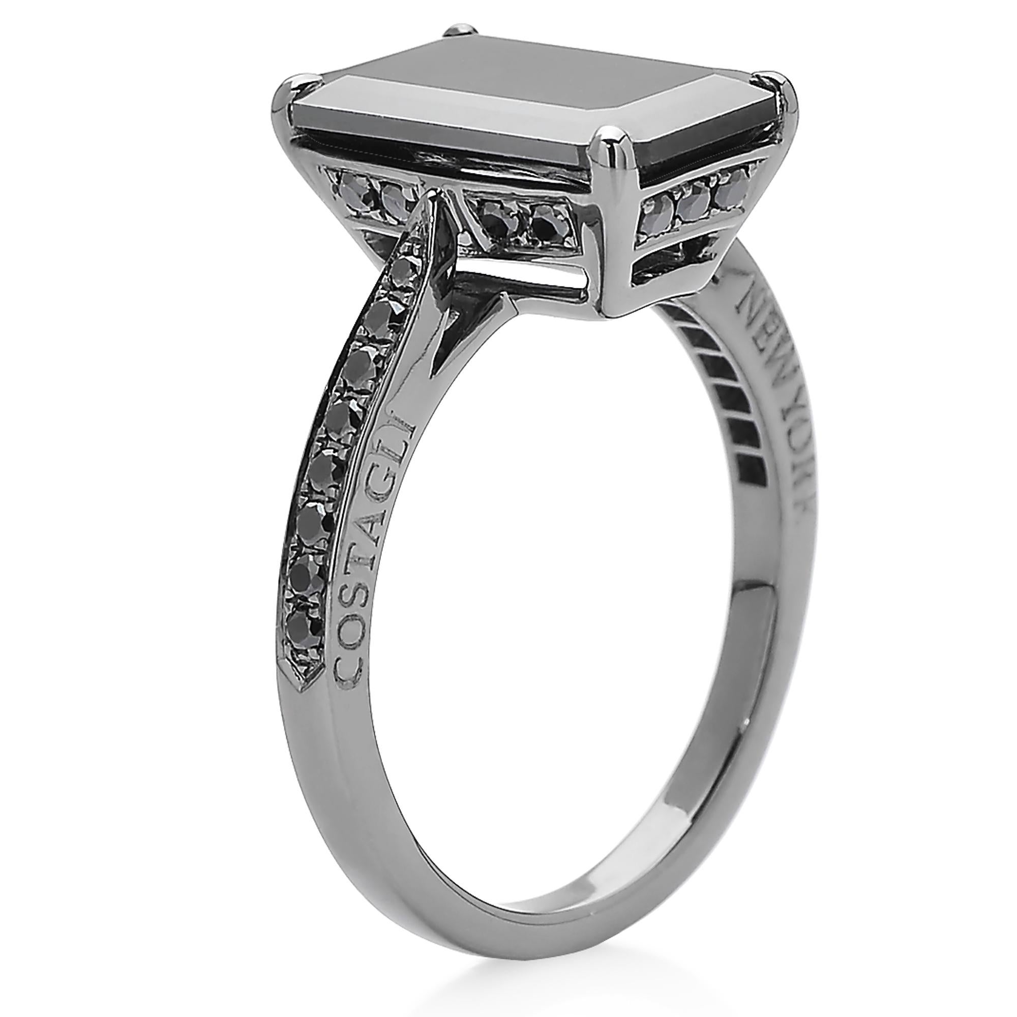 Emerald Cut 4.15 Carat Black Diamond Ring in 18 Karat White Gold with Black Rhodium Finish For Sale