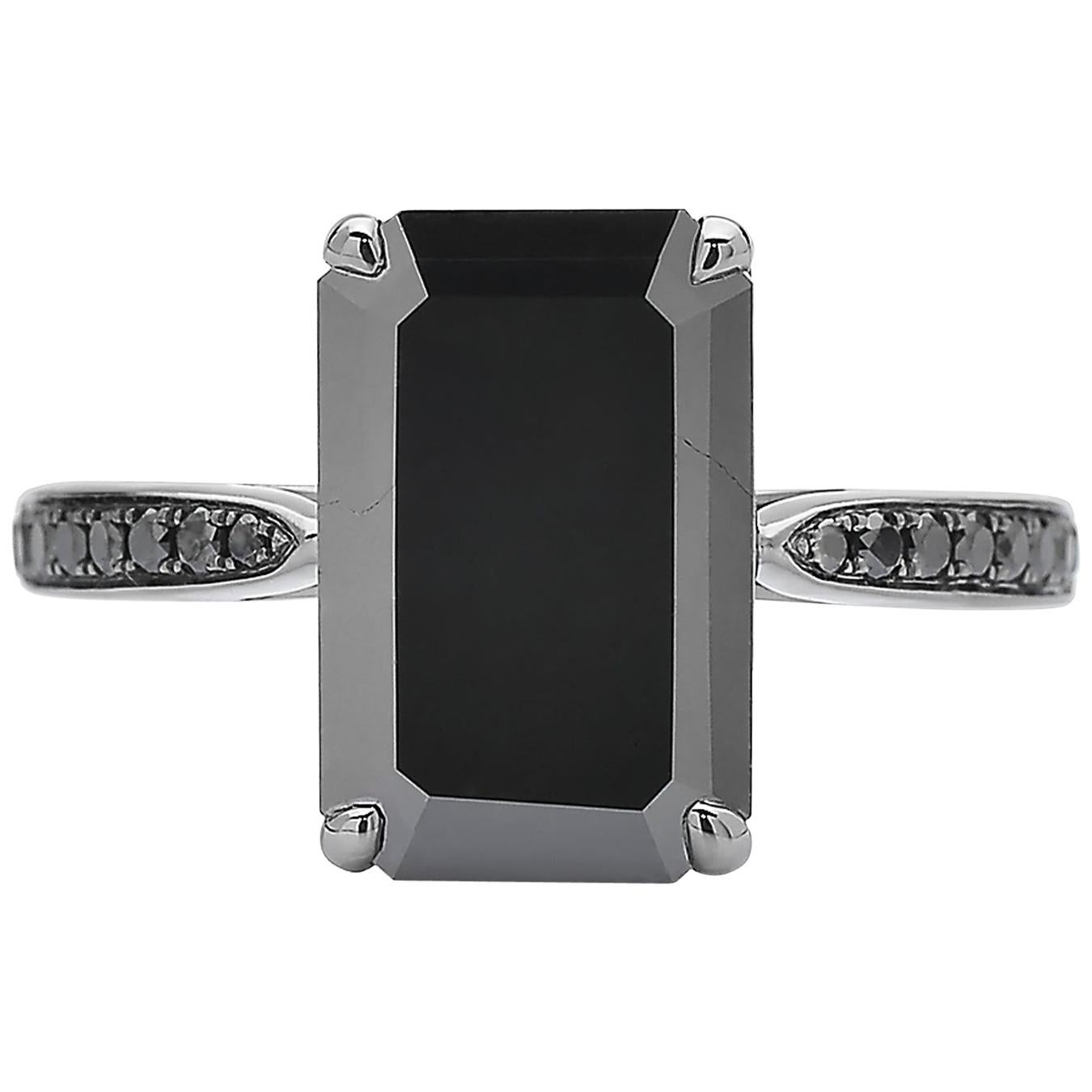 4.15 Carat Black Diamond Ring in 18 Karat White Gold with Black Rhodium Finish For Sale