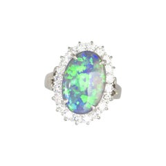 4.15 Carat Black Opal and Diamond Halo Ring Set in Platinum