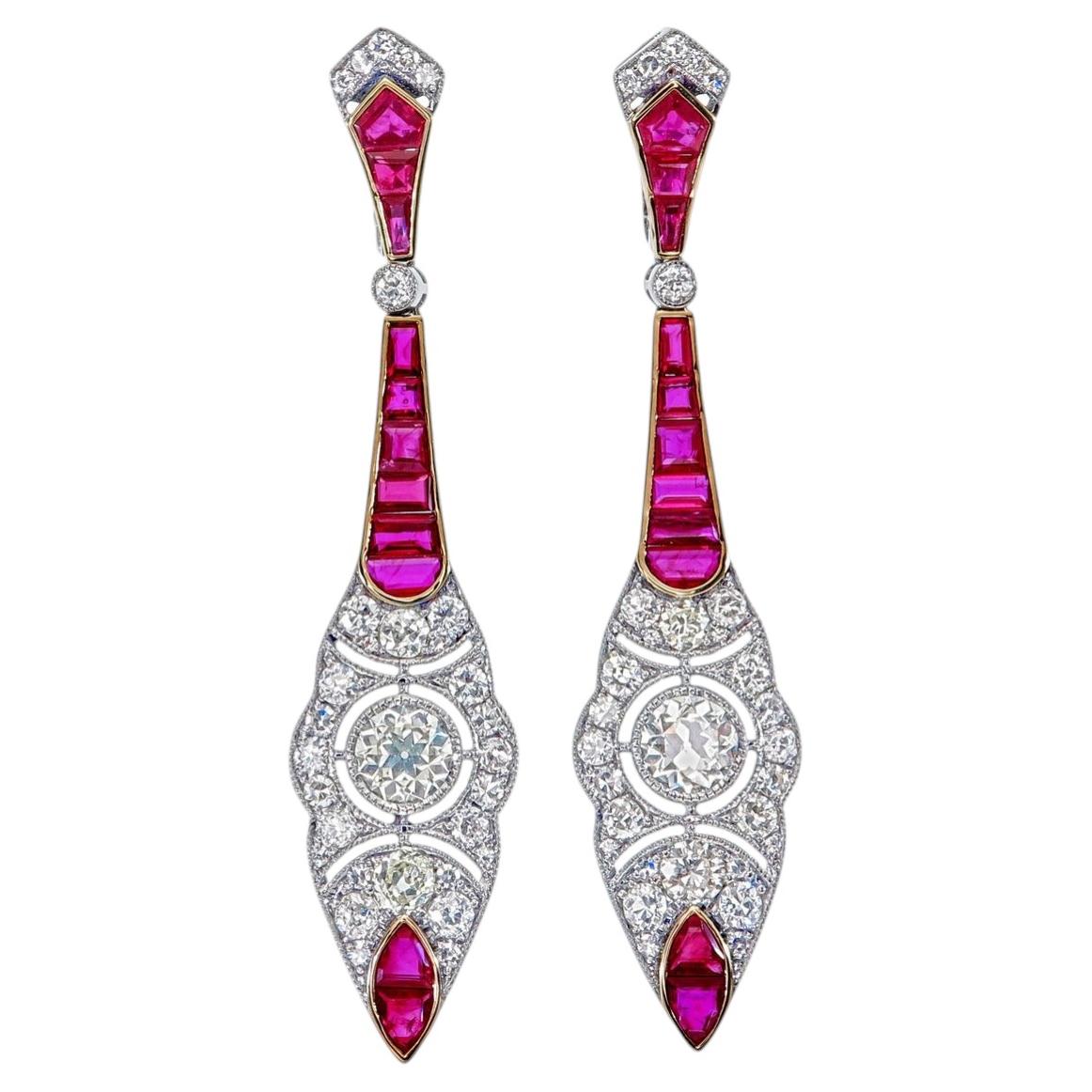 4.15 Carat Diamond and Ruby Dangle Earrings in 18 Karat Gold For Sale