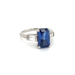 4.15 Carat Emerald Cut Sapphire GIA Diamond Platinum Ring Estate Fine Jewelry