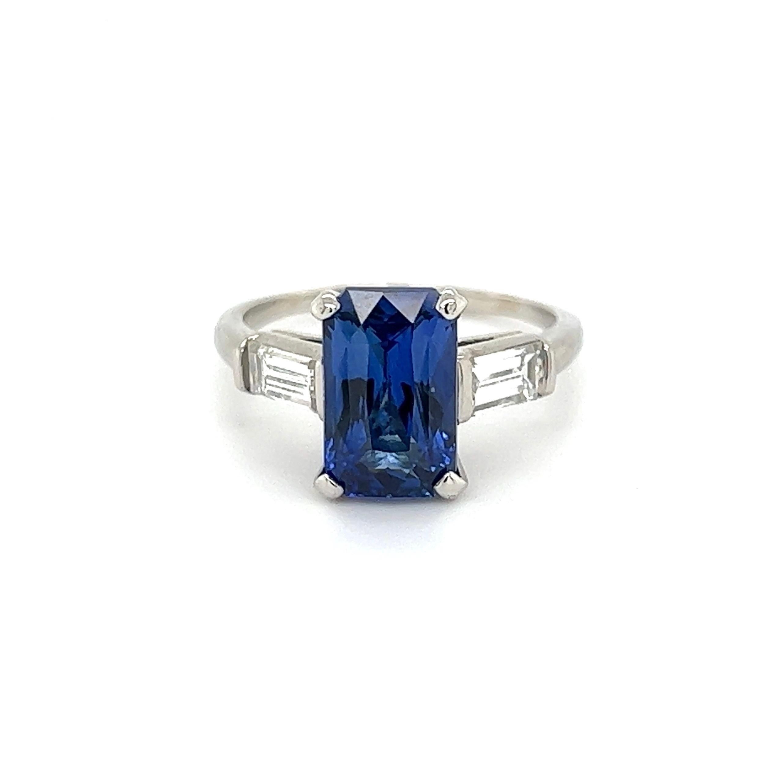 Modern 4.15 Carat Emerald Cut Sapphire GIA Diamond Platinum Ring Estate Fine Jewelry