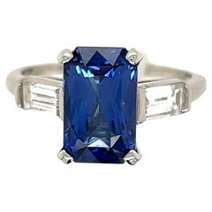 4.15 Carat Emerald Cut Sapphire GIA Diamond Platinum Ring Estate Fine Jewelry
