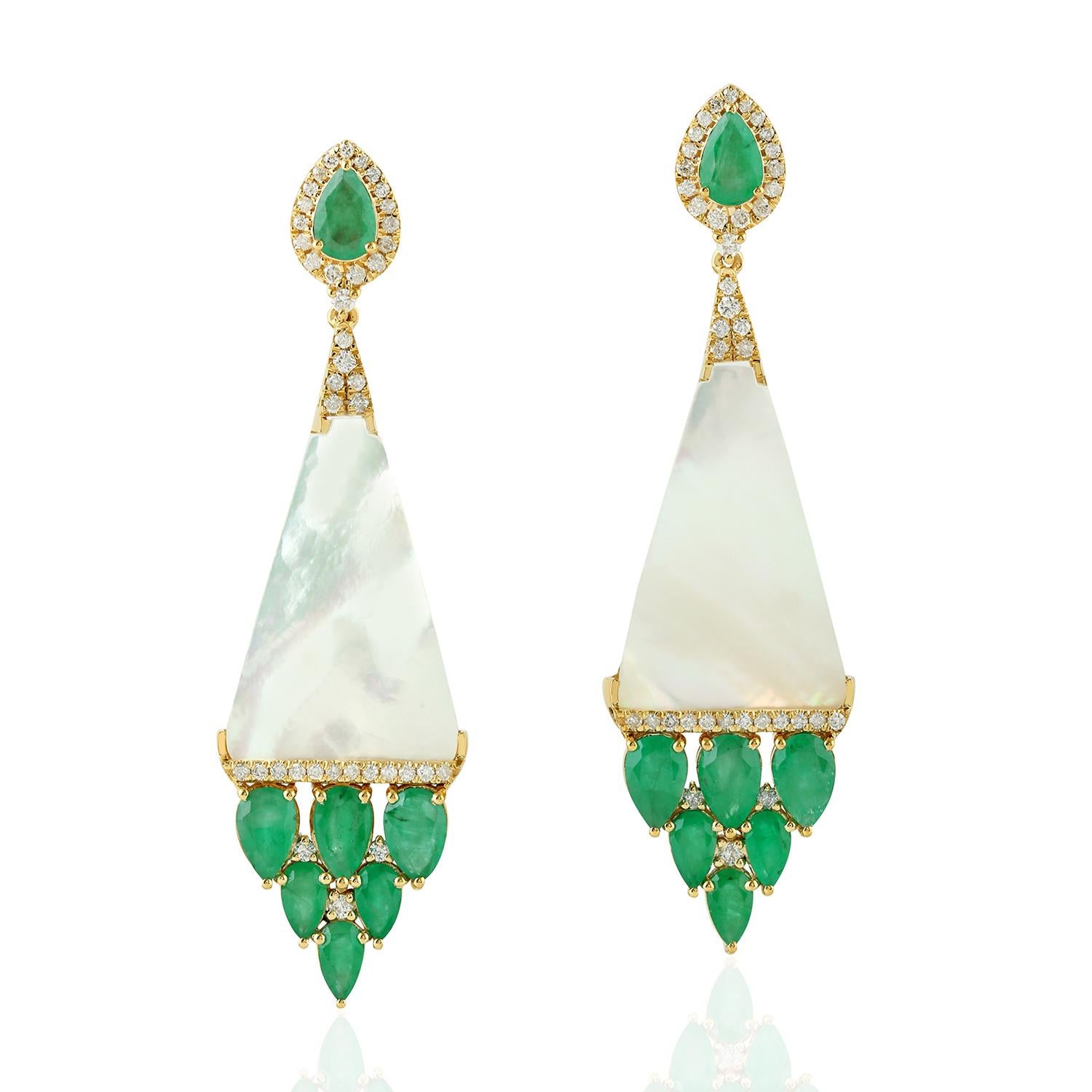 Modern 4.15 Carat Emerald Mother of Pearl Diamond 14 Karat Gold Earrings For Sale