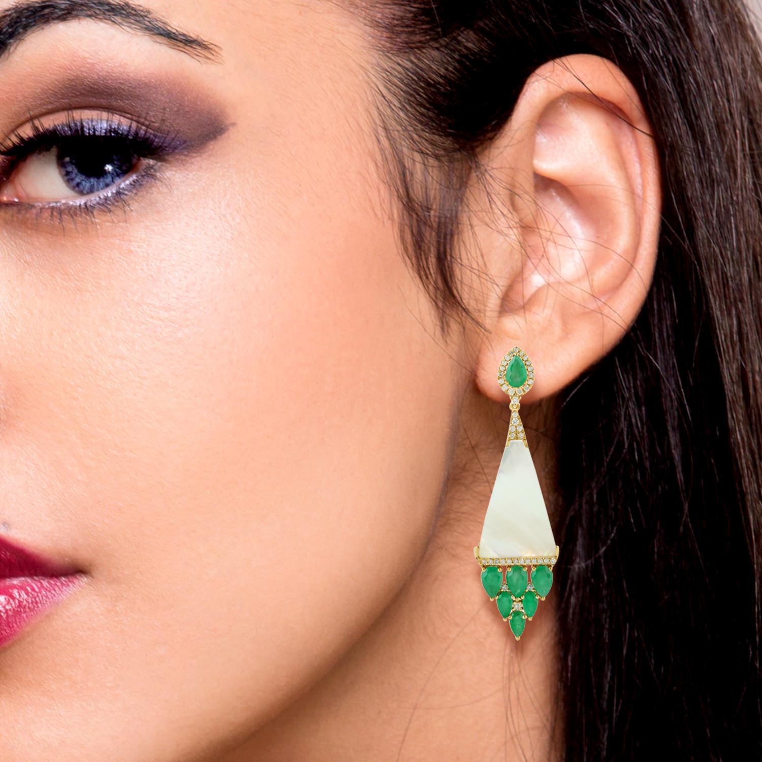 Mixed Cut 4.15 Carat Emerald Mother of Pearl Diamond 14 Karat Gold Earrings For Sale