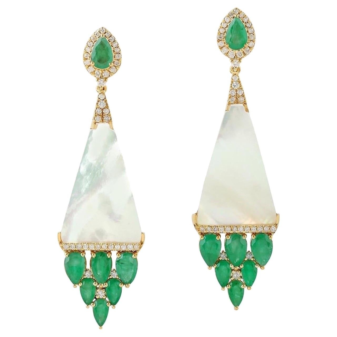 4.15 Carat Emerald Mother of Pearl Diamond 14 Karat Gold Earrings For Sale